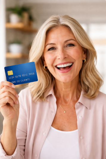 Pessoa feliz segurando cartão de crédito após regularizar o nome e recuperar o acesso ao crédito